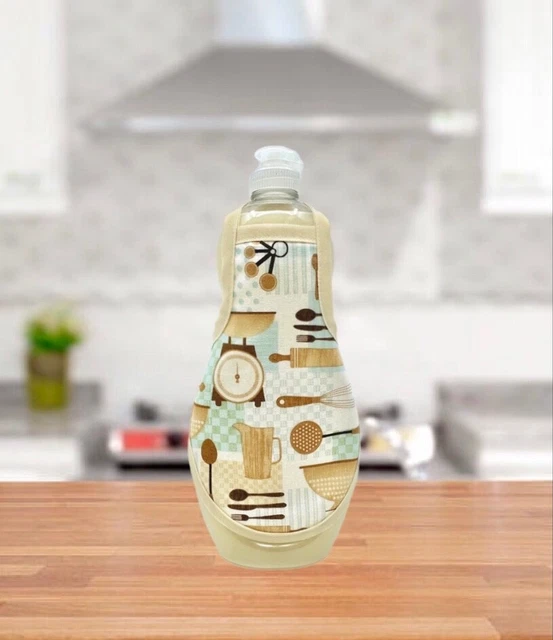 Teal Beige Utensil Retro Vintage Kitchen Decor Dish Soap Bottle Apron fits 25 oz
