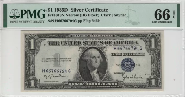 1935 D $1 Silver Certificate Fr.1613 N Narrow Hg Block Pmg Gem Unc 66 Epq