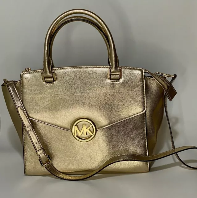 Michael Kors Hudson Gold Medium Satchel Pebbled Leather Handbag