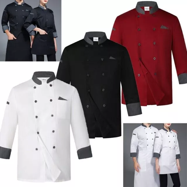 Unisex Long Sleeve Chef Coat Jacket Men Women Kitchen Workwear Cooking Uniform