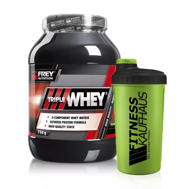 (53,20 EUR/kg) Frey Nutrition Triple Whey 750g Eiweiss +Shaker Geschmack wählbar