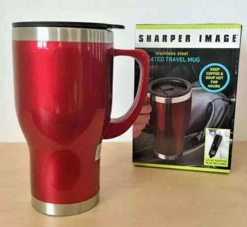 Sharper Image Stainless Steel RED Heated Travel Mug 14 OZ. W/ 12 V DC Adapter