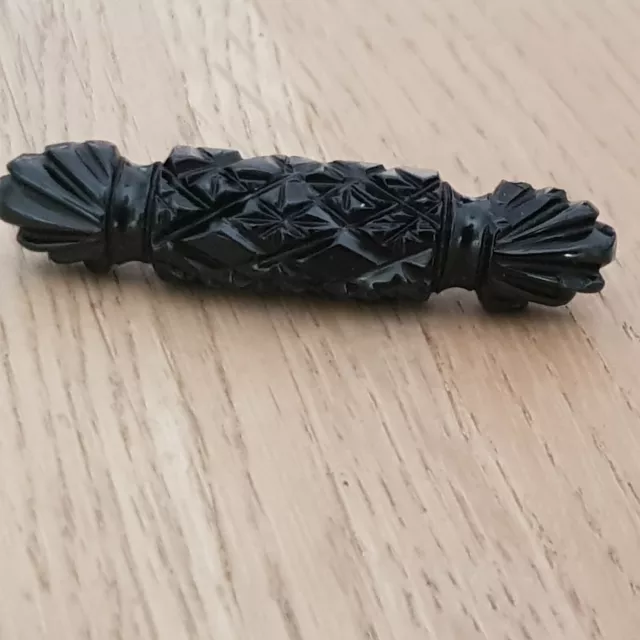 Antique Victorian Whitby Jet Intricately Hand Carved Mourning Brooch Pin 45mm