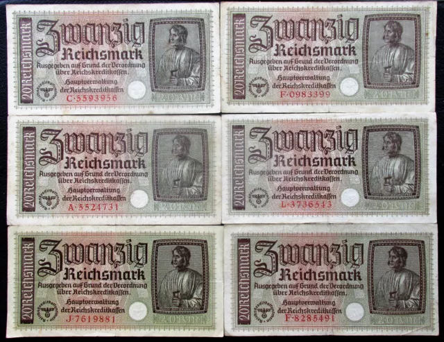 Lot of 6 WW2 20 REICHSMARK NAZI GERMANY CURRENCY GERMAN BANKNOTES