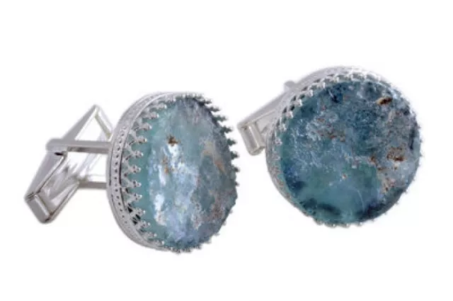 Beautiful Round 925 Sterling Silver Ancient Roman Glass Cufflinks