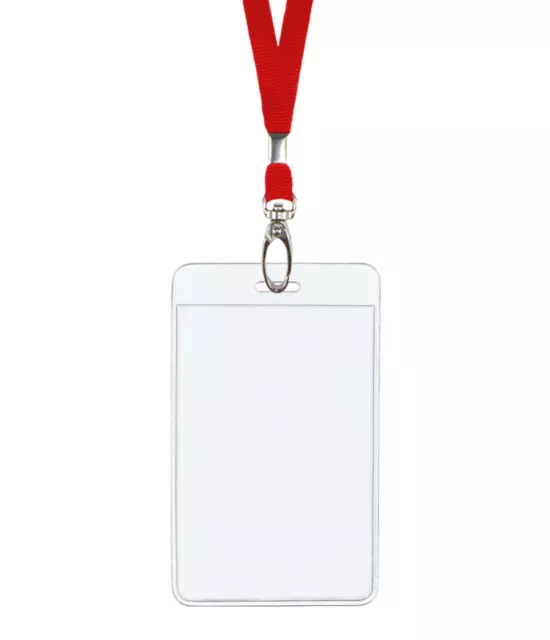 Red ID Lanyard Neck Strap Cord Clip & Vertical Badge Tag Card Holder Clear Pouch