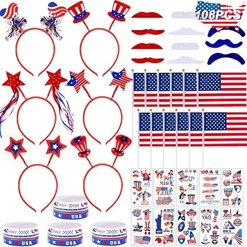 108 Pcs Patriotic Party Favors, 4th of July Accessories Include Head Boppers