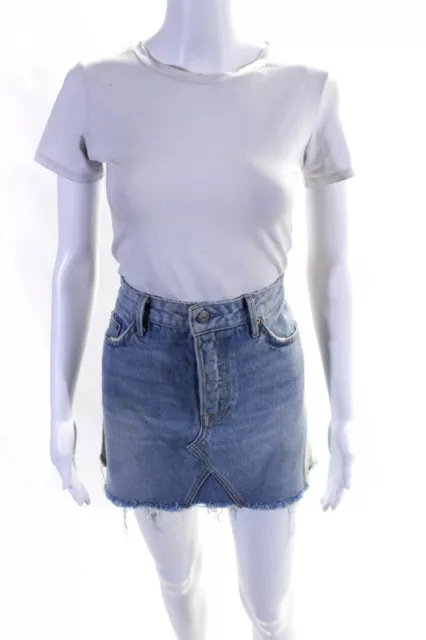 Grlfrnd Womens Full Buttoned Darted Distress hem Mini Denim Skirt Blue Size EUR2