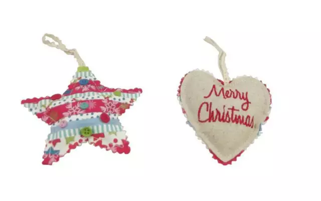 Gisela Graham Christmas Decoration - Fabric Heart and Star - Tree / Hanging Decs