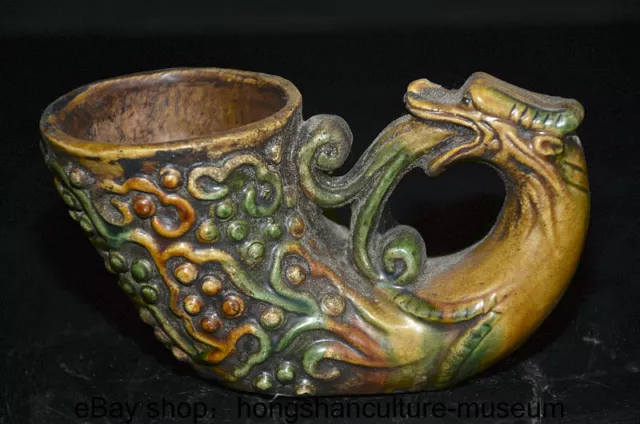 5.6 " China Tangsancai Pottery Painting Dynasty Dragon Beast Teacup Wine Cup