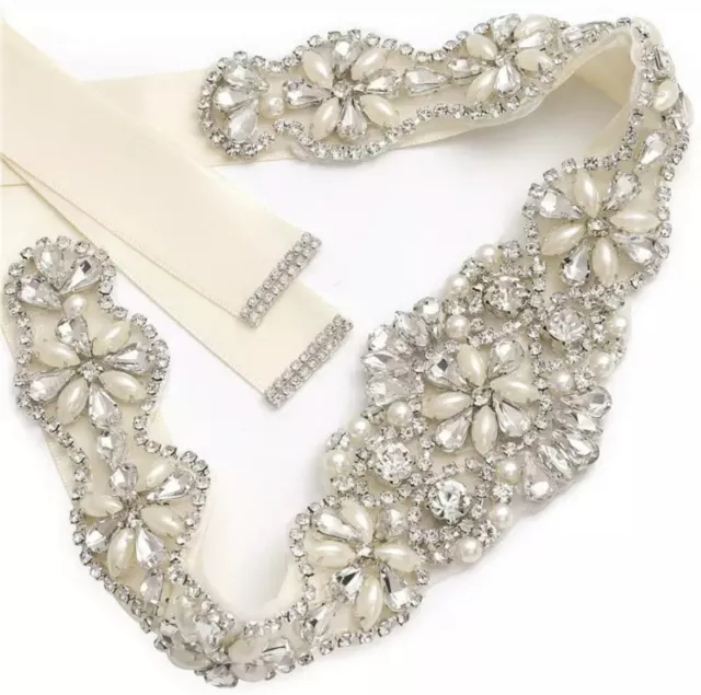 Bridal Wedding Bridesmaids Dress Rhinestone Crystal Pearl Sash Ivory Ribbon Belt