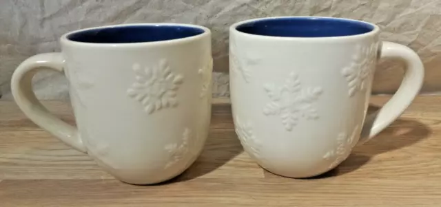 2 PAI Christmas Snowflake Embossed Coffee Soup Mugs White Blue Oversized 16 oz