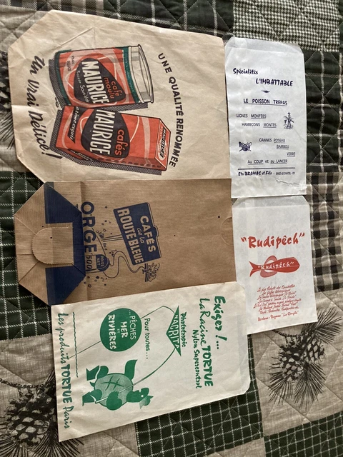 5 Vintage Bags Coffee & Fishing Bags Old France Sacks Lures Bait Coffee Cool
