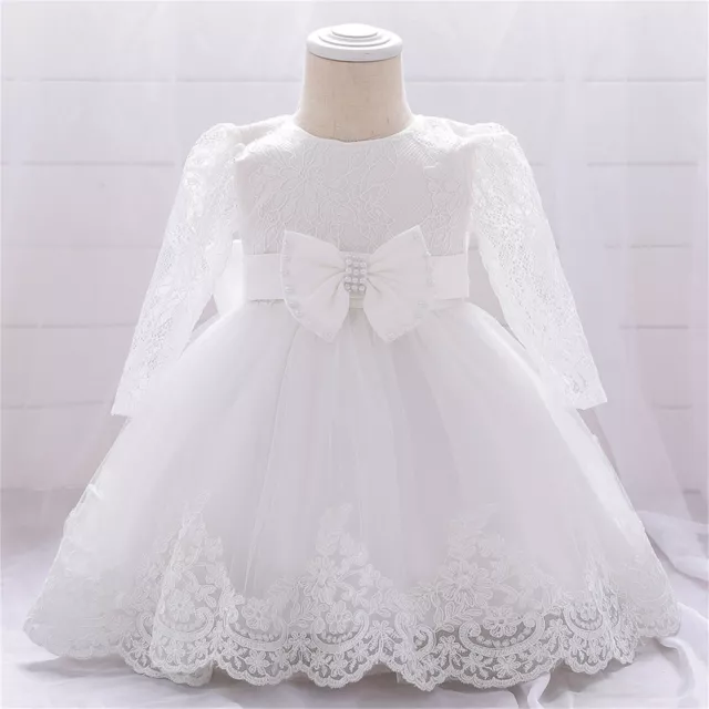 Infant Baby Girls Ruffle Long Sleeve Lace Bowknot Flower Dresses Pageant Party