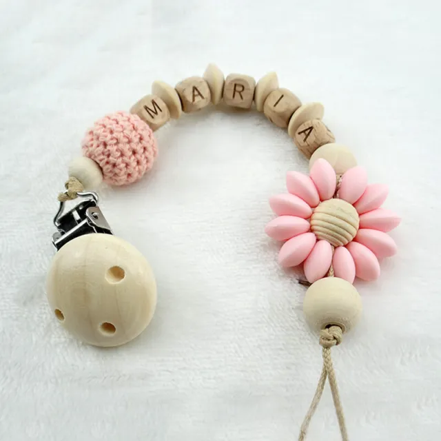 Personalised Name Silicone Baby Dummy Clip Wood Pacifier Chain Baby Shower Gifts