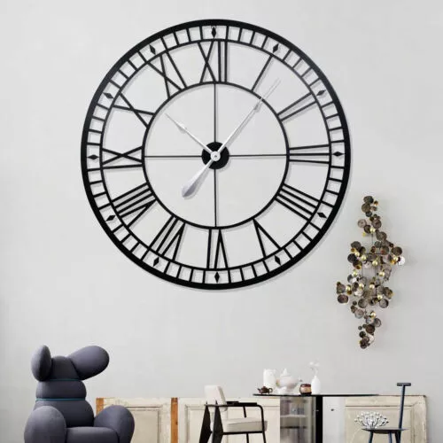 Artiss 50CM Large Wall Clock Roman Numerals Round Metal Luxury Home Decor Black