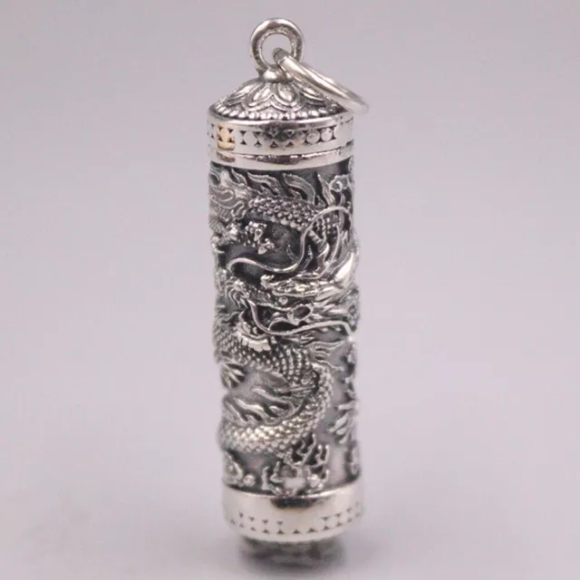 Solid 925 Sterling Silver Dragon Wrap Column Pendant 1.85inch Oriental Culture