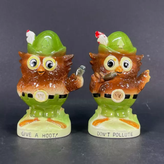 Vintage GIVE A HOOT DON'T POLLUTE Ceramic WOODSY OWL Salt & Pepper Shakers JAPAN
