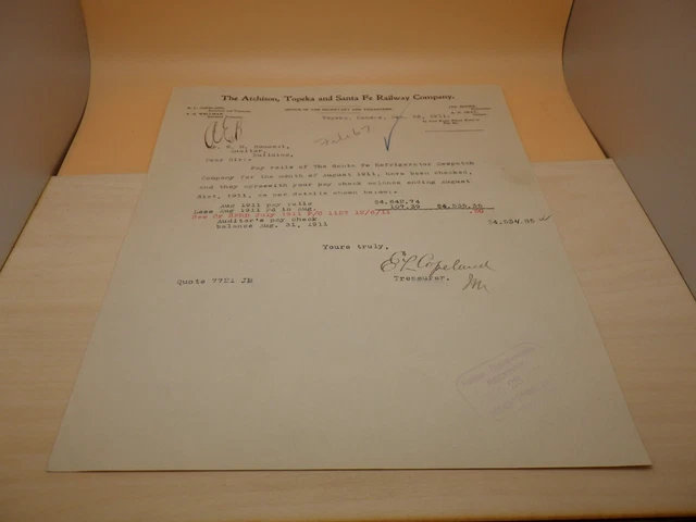 Atchison Topeka Santa Fe Railway Company 1911 Paper Document Railroad Train