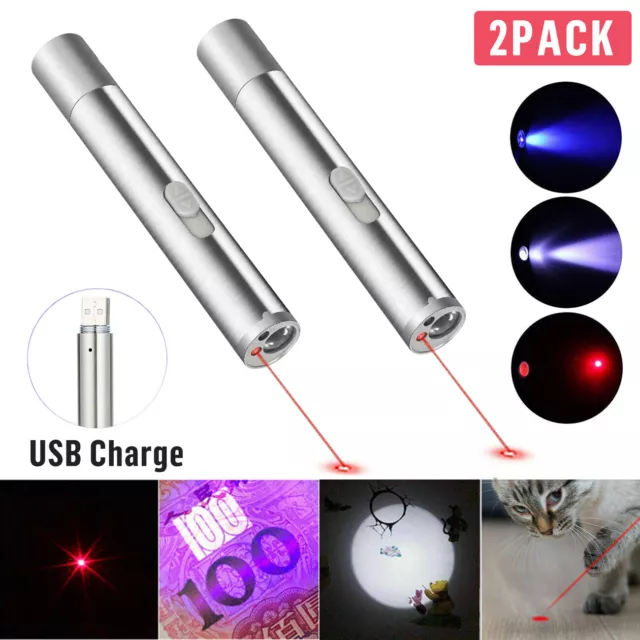 2pcs USB Rechargeable LED 650nm Red Laser Pointer Pen UV Torch Light Cat Pet Toy