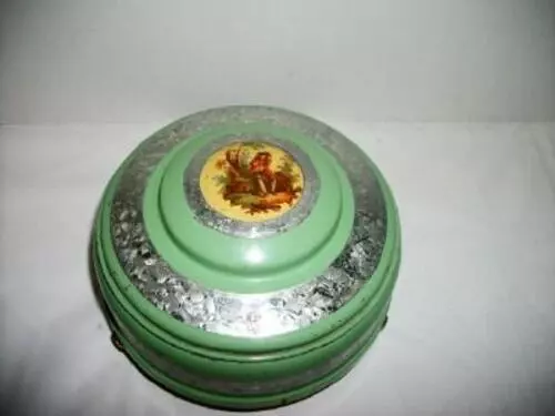 Art Deco Powder Box Jar Uranium Glass Glowing Jade Green Enamel Frenchman Cameo 2