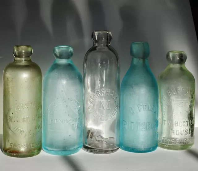 Lot of 5 Antique Aqua Blue Green Glass Blob Top Bottles 1800's