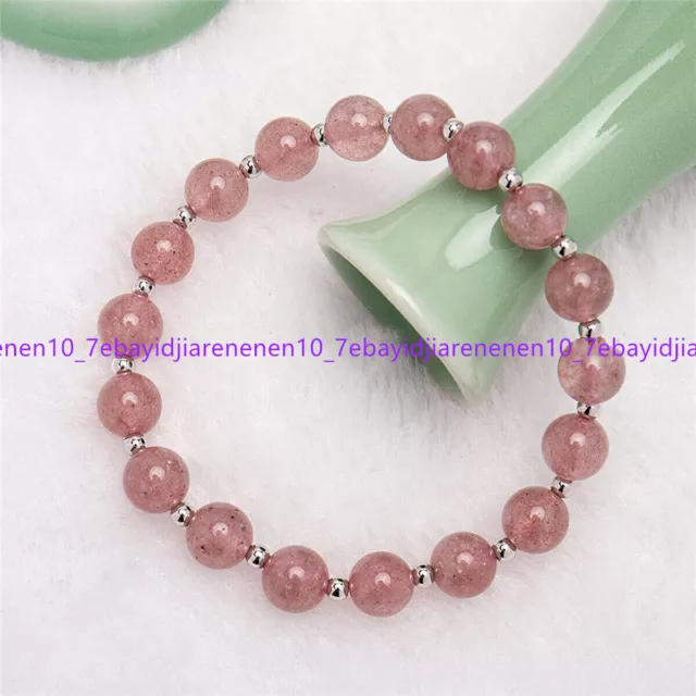 6/8/10mm Pink Strawberry Quartz Crystal Gems Round Beads Elastic Bracelet 7.5 in