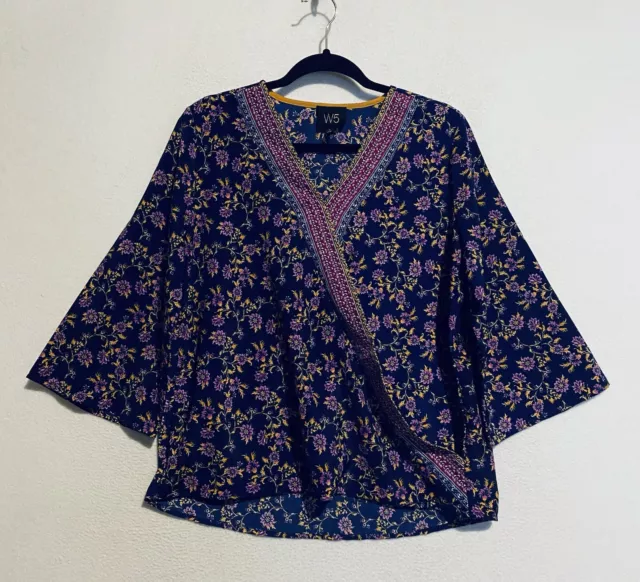 Anthropologie W5 Top Womens Large Floral Kimono Faux Wrap Silky Boho Peasant