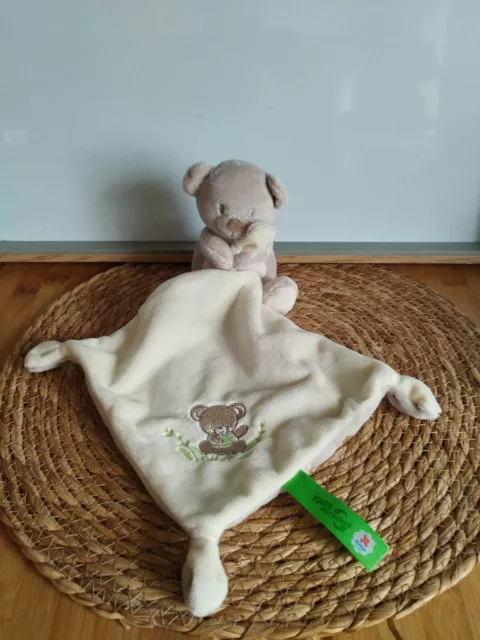 Doudou ours mouchoir écru beige brodé ours herbes 100% recycled Nicotoy