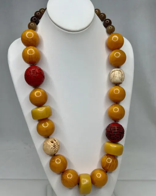 Chinese Bead Necklace -Cinnabar, Carved, Stone and Copal or Resin -92272
