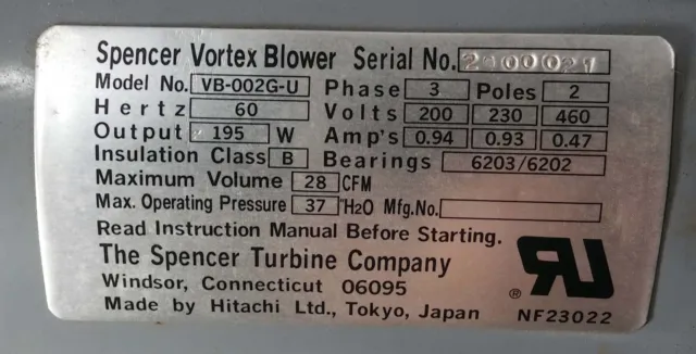 1 Ventilateur Régénérateur Vortex Spencer Vb-002G-U Neuf ***Faire Offre*** 2
