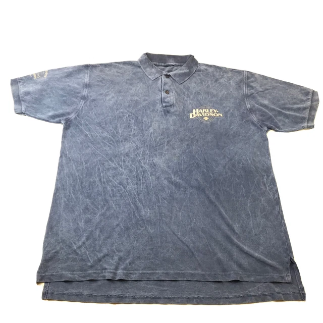 Harley Davidson Acid Washed T Shirt Blue Polo Mens 2XL Gene Lummus Asheville NC