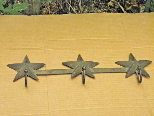 NOS 3 Star/Hook Rustic Style Cast Iron Coat/Hat/Towel/Key Wall Mount Rack Vntge