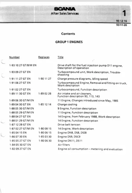 Scania Trucks 3 Series Workshop Manual Engine Section One 95 1580658GTEN Reprint 2