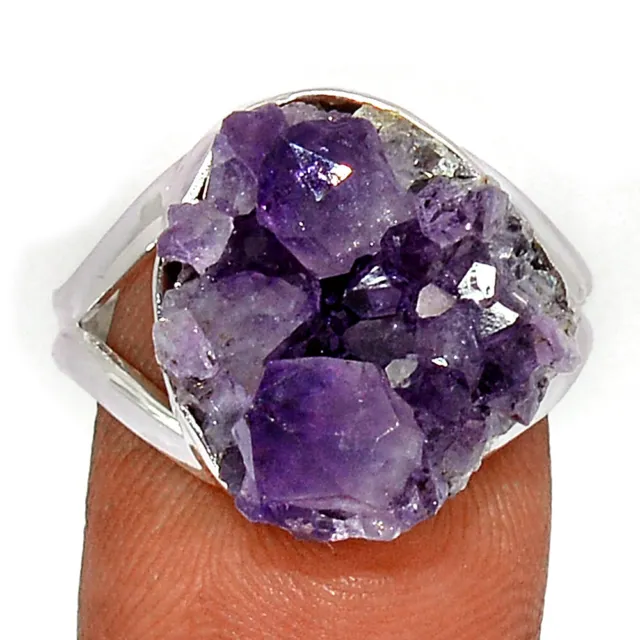 Natural Amethyst Cluster - Uruguay 925 Sterling Silver Ring Jewelry s.10 CR17367