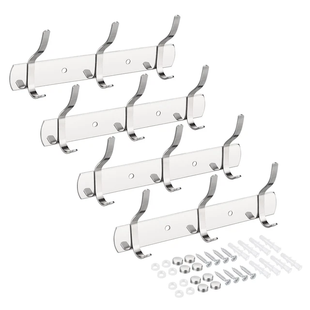 Coat Hook Rack Wall Mounted with 3 Hooks Hook Rail Wall Hangers Silver 4Pcs