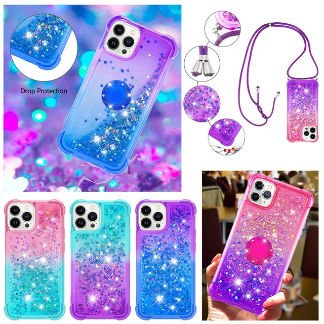 For iPhone 14 Pro Max 13 12 11 XR 8 Liquid Glittter Clear Case Ring Holder Cover