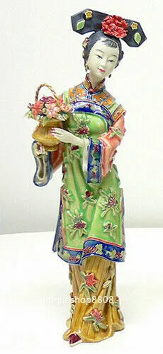 13" China Lady Pottery Wucai Porcelain Ceramic Ladies Belle Hold Flower Figurine