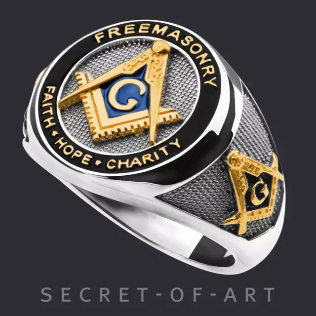 Masonic Ring Silver 925 Freemason Master Mason Faith Hope Charity 24K-GoldPlated