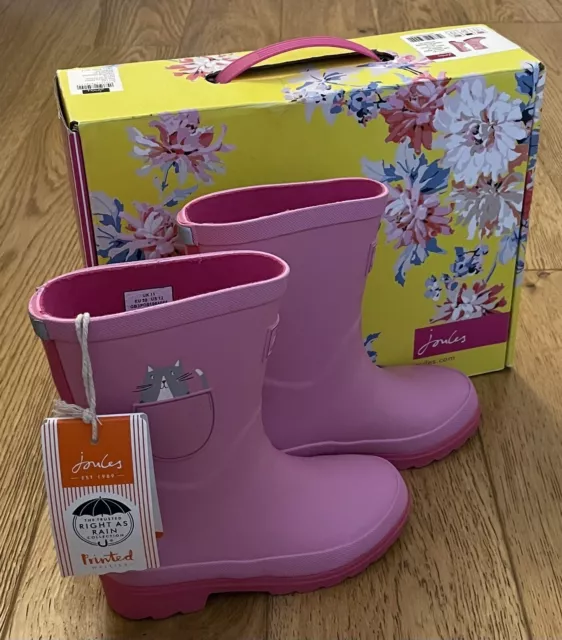 Joules Girls Pink Cat Print Rain Welly Boots - Size 11 UK