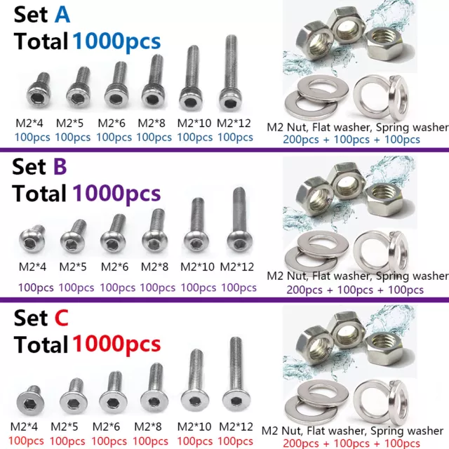 1000pcs M2 304 Stainless Steel Allen Screw Bolt With Hex Nuts Washers Assortment