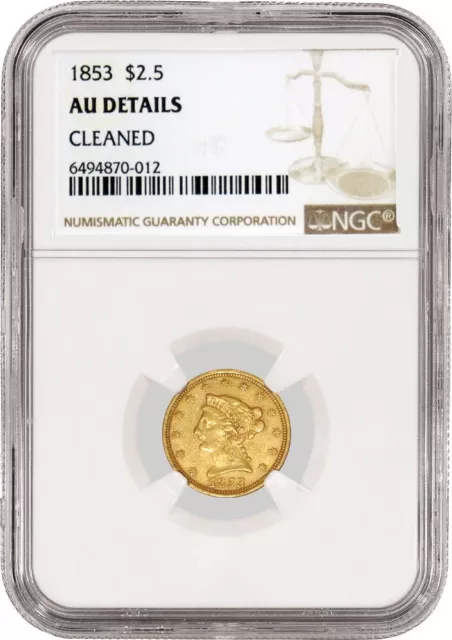 1853 $2.50 Liberty Head Quarter Eagle Gold NGC AU Details Cleaned Coin