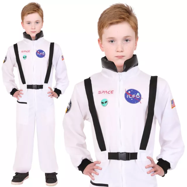 Childs Astronaut Costume Us Space Suit Kids Spaceman Fancy Dress White Jumpsuit