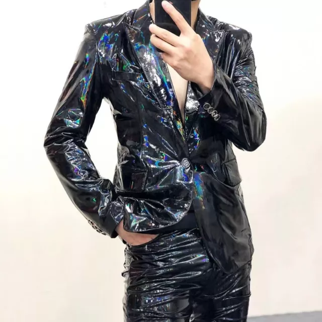 Brillant Hommes Faux Cuir Blazer Veste Laser Holographique Scène Club Danse Haut