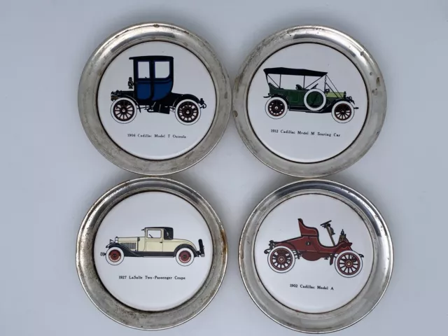4 Vintage Sheridan Silver Assrtd Antique Cadillac Car Coasters Porcelain Centers