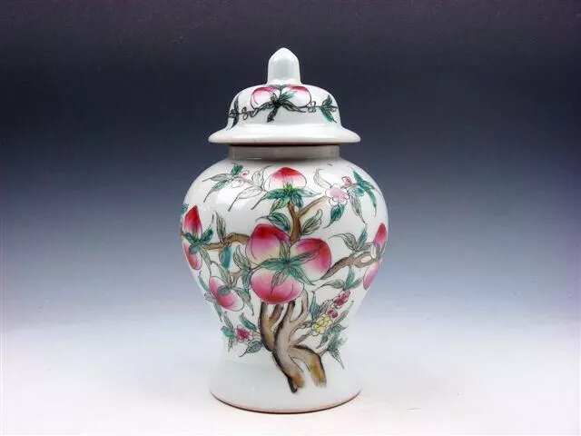 7 Inches Glazed Porcelain Famille Rose Peaches Bats Painted Ginger Jar #08292202