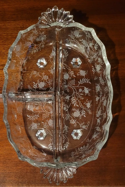 Large VTG Fostoria Baroque Rose Chintz Etched Glass 3 Part Relish Server Dish