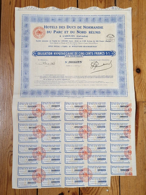 Obligation de 500 francs Hotel des ducs de Normandie Cabourg Calvados