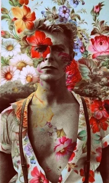 Handmade 7x10 David Bowie with Flower Fan Art Collage Cotton Fabric Block