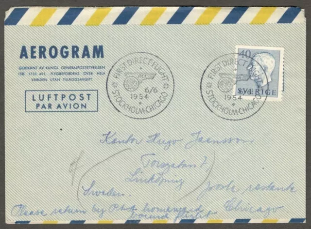 (AOP) Sweden 1954 SAS First Flight cover Stockholm to Chicago, US